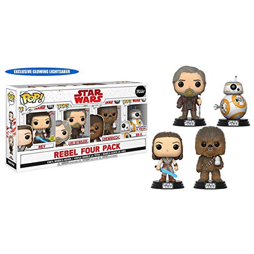 Funko POP! Star Wars: The Last Jedi-Rebel 4-Pack Bundle, Includes Rey with an EXCLUSIVE Glow in the Dark Lightsabre, Luke Skywalker, Chewbecca with Porg and BB-8
