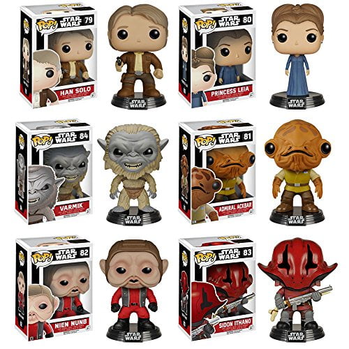 Funko Pop! Star Wars Episode 7 Set of 6: Han Solo, Leia, Admiral Ackbar, Nien Nunb, Sidon Ithano, and Varmik