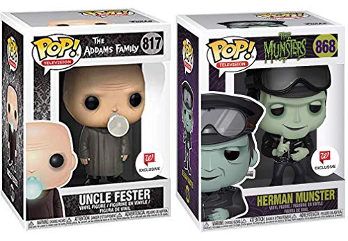 Creepy & Funny Pop! Figures 60's TV Icons Addams Family Uncle Fester with Light Bulb Exclusive Bundled with + The Munsters Herman Munster in Leather Jacket Television Vinyl 2 Pack