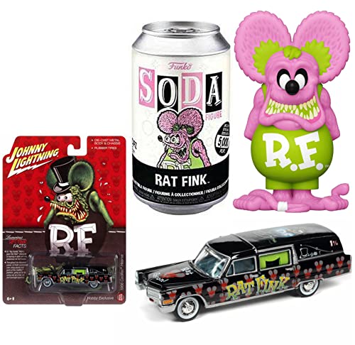 Pink Rat Figure Hot Rod Fink Soda Can Character Bundled with Caddillac Hearse Rat Fink Edition Black Die-Cast Car 2 Items