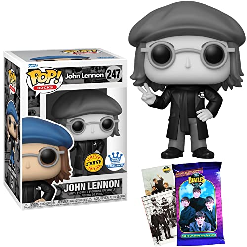 B/W Chase John Lennon Exclusive Rocks Peace Figure Black & White Pop! Bundled with Beatles Memorabilia Trading Cards Pack 2-Items