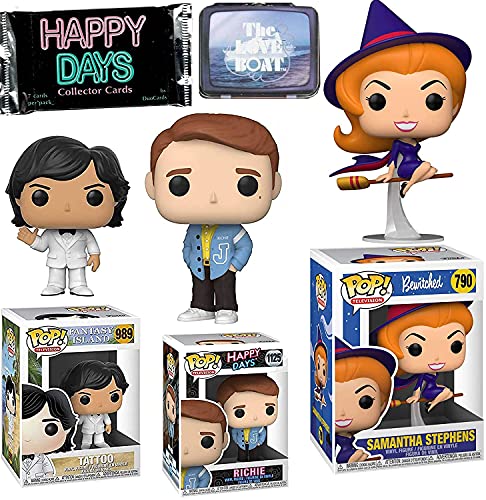RetroLand TV Show Pop! Figure Classics Bundled with Bewitched Star Samantha Stephens Character Witch + Happy Days Richie & Trading Cards + Tattoo Fantasy Island + Mini Replica Television Tin 5 Items