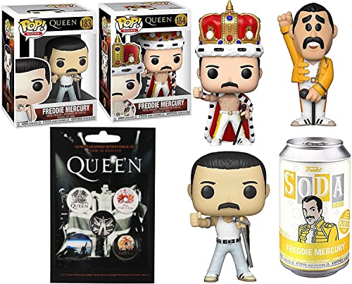 Mecury Figure Freddy in Tin Soda Can Bundled with Queen Star Crown 184 Pop! Vinyl Singer #183 Rocks Classic Album Pin Badge Set Collectible 4 Items