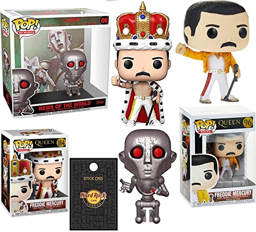Wembley Mecury Figure Freddy Pop! Bundled with Queen Album Robot News of World + Star Classic Pose Live Aid + Vinyl Singer Rocks Crown + London Pin Badge Collectible 4 Items