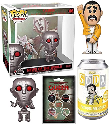 Rock You Queen Album Figure Rocks in Case Bundled with Star Freddy Mercury Tin Can Soda Pop! Vinyl Singer + News of The World & Pin Badge Set Collectible 3 Items