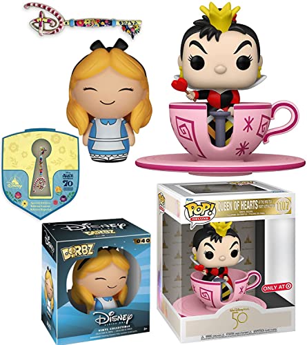 D Key Disney Pop! Alice in Wonderland Tea Party Bundled with Deluxe Queen of Hearts Disneyland Exclusive Cup Attraction Figure + Alice Dorbz + Mini Pin Chesire Cat Anniversary Design 3 Items