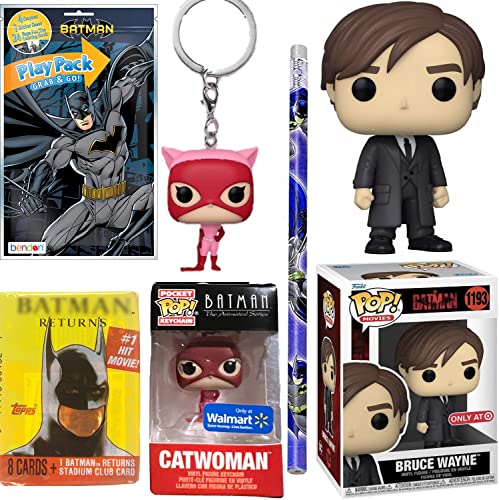 Wayne Bruce Crusader Batman Gotham Pop! Limited Movie Edition Exclusive Figure Bundled with Cat Woman Pocket Hanger + Retro Trading Cards + DC Comics Pack 4 Items