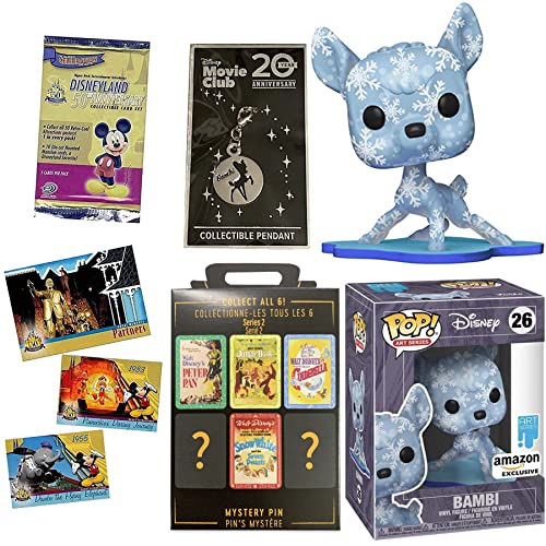 Snowflake Artist Figure Bambi Bundled with Pop! Vault Exclusive Plastic Protective Case + Pendant + Movie Poster Pin + Disneyland Attraction Cards 4 Items