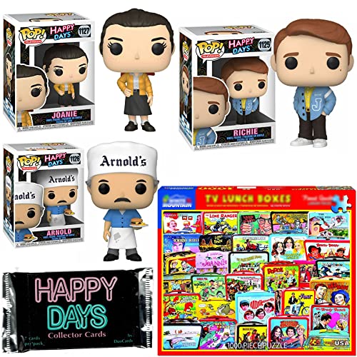 Milwaukee 50's Happy Days Figure Pack Bundled with Richie Cunningham + Sister Joanie & Arnold + TV Land Lunch Box Retro Puzzle + Trading Cards Pack 5 Items