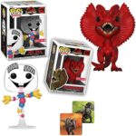 Dilophosaurus RED Jurassic Park Dinosaur Figure Exclusive Pop! Bundled with Adventure Stickers + Mr. DNA + Jungle Creature Vinyl 25th Anniversary 2 Items
