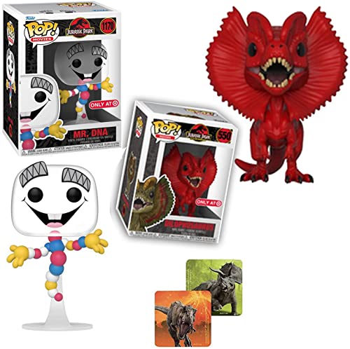 Dilophosaurus RED Jurassic Park Dinosaur Figure Exclusive Pop! Bundled with Adventure Stickers + Mr. DNA + Jungle Creature Vinyl 25th Anniversary 2 Items