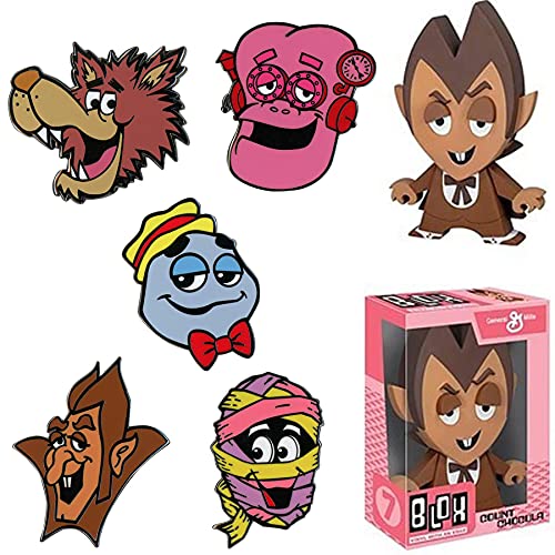 Boo Choc Frank Monster Figure Vinyl Count Chocula Bundled with Boo-Berry + Frankenberry Pop Ad Icon Pin Cereal Character Yummy Mummy + Fruit Brute Retro Pack 6 Items