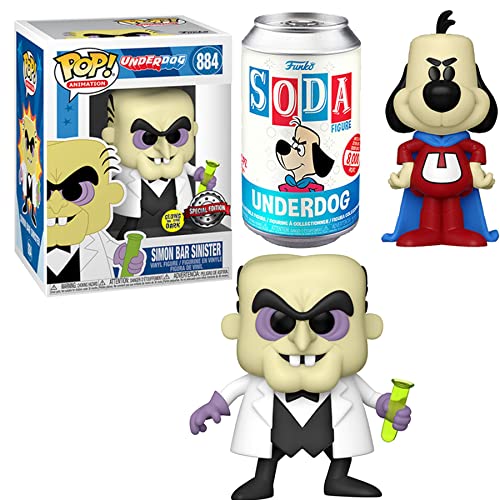 Under Dog Soda Can Figure Bundled with Exclusive Simon Bar Sinister Pop! GID Vinyl Retro Cartoon Underdog 2 Items