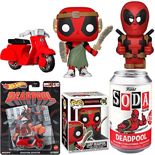 Dead Scoot LARP Pop! Bundled with Deadpool Figure + Marvel Soda Collectible + HW Red Hero Scooter Die-Cast 3-Items