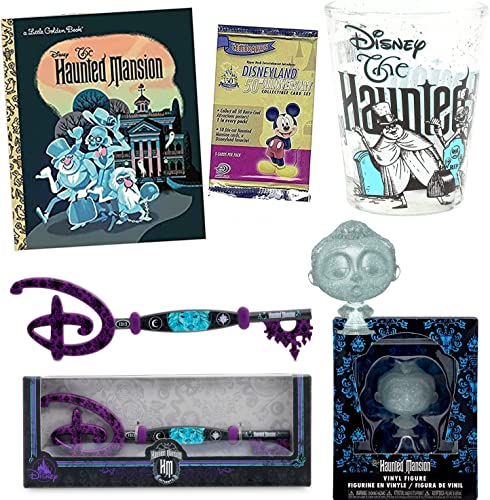 Awaken Haunted Mansion Souls Disney Ghosts Spirit Characters Mini Figure Bundled with Hitchhiking Shot Glass + Collectible Key Edition + Ride Book + Disneyland Anniversary Cards Pack Spooky 5 Items