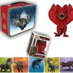 Jungle RED Jurassic Park Dinosaur Figure Exclusive Pop! Bundled with Raptors Adventure Dino Tin Box Tracker Team + 25th Anniversary Dilophosaurus & Creature Stickers 3 Items