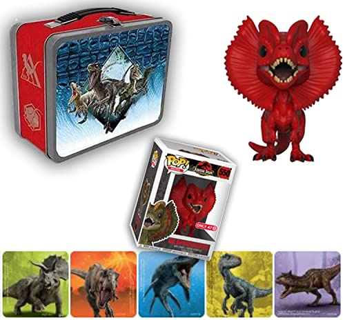Jungle RED Jurassic Park Dinosaur Figure Exclusive Pop! Bundled with Raptors Adventure Dino Tin Box Tracker Team + 25th Anniversary Dilophosaurus & Creature Stickers 3 Items