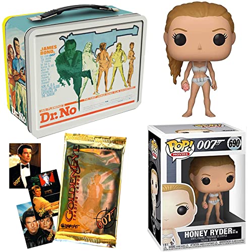 No Girl James Bond Collection Pop! Figure & Tin Pack Bundled with Honey Ryder + Sean Connery Box Tote Movie Poster + 007 Goldeneye Trading Cards 3 Items