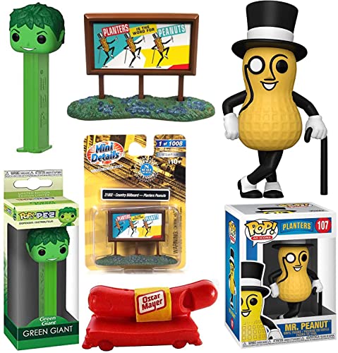 Dog Nut Pop! Figure Mr. Peanut Mascot Ad Icon Character Bundled with Advertising Billboard + Oscar Mayer Weiner Whistle + Jolly Green Giant Pez Head + Compatible with Planters 4 Items