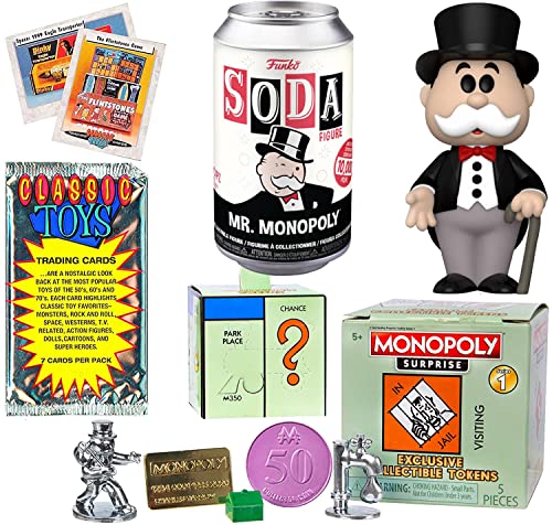 Mr. Classic Monopoly Pop Figure Exclusive Icon Bundled with Classic Retro Game Token Multi-Surprise Peel 'N Reveal Box + Tin Soda Character Board Games + Vintage Toy Trading Cards Pack 3 Items