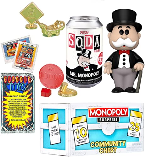 Uncle Pennybags Figure Mr. Monopoly Icon Soda Bundled with Classic Retro Game Token Exclusive Multi-Surprise Peel 'N Reveal Community Chest Box + Vintage Toy Cards Pack 3 Items