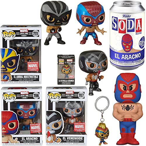 Animal Heroes Marvel Lucha Libre Wrestling Figure Soda Can Spider-Man Tin Bundled with Pop! El Aracno + Exclusive Venom + Wolverine & Cosmic Captain Pocket Hanger 5 Items