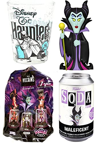 Wicked Souls Disney Malificent Villain Figure Soda Can Bundled with Characters Mini Domed Villains Series Bundled with Hitchhiking Ghosts Haunted Mansion Shot Glass Pack Spooky 3 Items