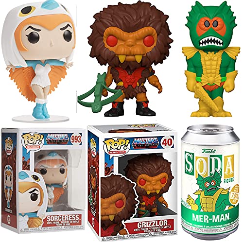Ocean Warlord Mer-Man Soda Figure Masters of The Universe in Tin Can Bundled with Sorceress Pop! + Grizzlor Beast Retro Series 3 Items