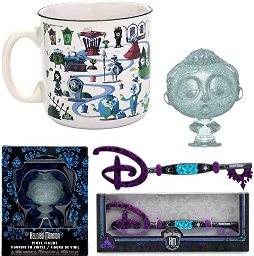Glitter Haunted Mansion Attraction Ghosts Disney Figures Hitchhiking Bundled with Mini Vinyl Character + Madam Leota Spirit Key + Courtyard Camper Mug Collector Pack 3 Items