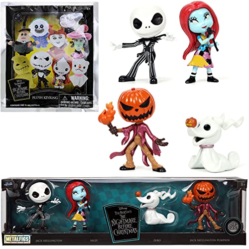 Night Figures Nightmare Before Christmas Tim Burton Disney 4 Pack Bundled with Plush HalloweenTown Hanger Characters + Iconic Metal Jack Skellington, Sally, Ghost Dog Zero, and Pumpkin King 2 Items