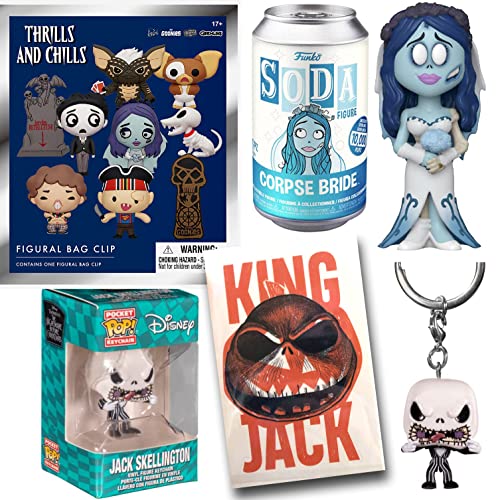 The Bride Figure Corpse Emily Can Vinyl Soda Bundled NBC Skellington Pocket Pop! + Nightmare Before Christmas King Sticker + Thrills & Chills Clip Hanger Movie Blind Bag Pack 4 Items