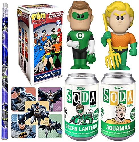 Lantern Aqua Figure Soda Can Aquaman Superhero + Green Lantern Vinyl Bundled with Retro DC Comics Character Mini Wooden Mate Blind Box Justice League + Dark Knight Stickers & Batman Pencil 4-Items
