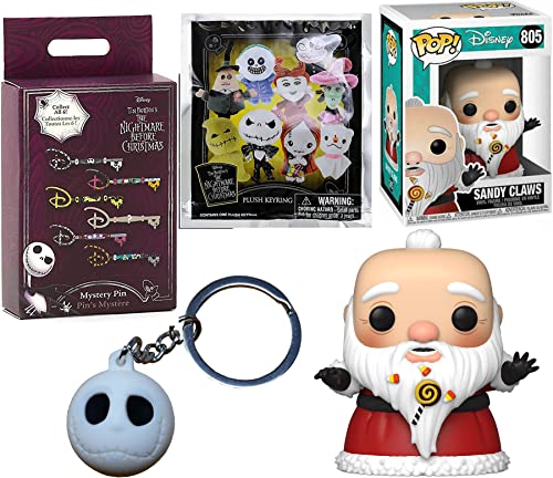 Treasures of Halloweentown Nightmare Before Christmas Pop! Figure Sandy Claws Bundled with Disney Jack Skellington Ball Hanger + Blind Bag Plush Clip + Disney Key Pin NBC Character 4-Items