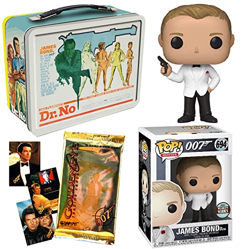 Gunbarrel James Bond Collection Pop! Figure Spectre Agent 007 Bundled with Exclusive Specialty Series + Dr. No Tin Tote Sean Connery + Movie GoldenEye Trading Cards 3 Items