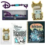 Grinning Haunted Mansion Attraction Ghosts Hitchhiking Disney Bundled with Victor Geist Organ Player Spirit Spooky Pop Pin + Creepy Mini Glass & Madame Leota Key & Book 4 Items