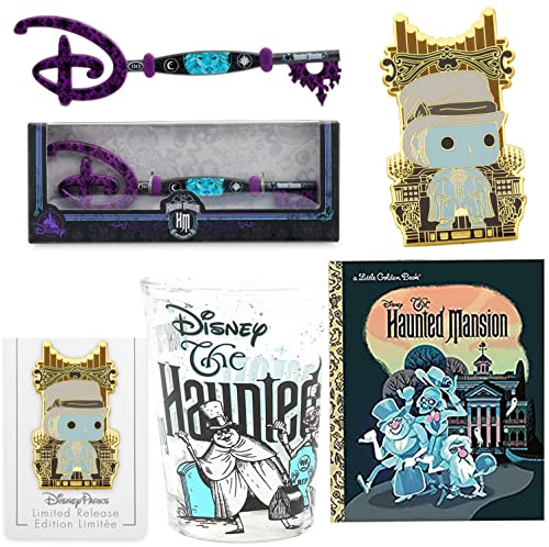 Grinning Haunted Mansion Attraction Ghosts Hitchhiking Disney Bundled with Victor Geist Organ Player Spirit Spooky Pop Pin + Creepy Mini Glass & Madame Leota Key & Book 4 Items