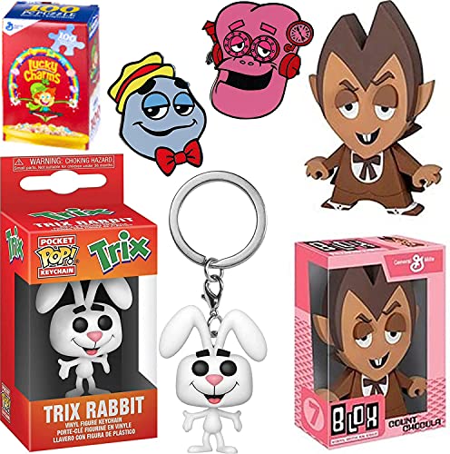 Chocula Ad Icon Figure Retro Monster Count Vinyl Bundled + Boo-Berry Ghost + Frankenberry Pin + Trix Rabbit Pocket Pop! + 1 Morning Cereal Mini Box Puzzle Classic 5 Items
