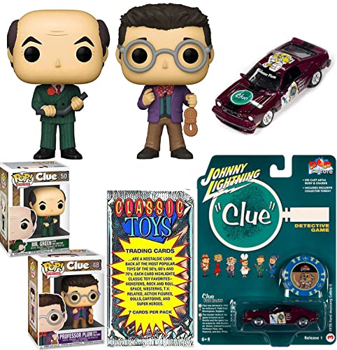 Dunnit Who Clue Figure Pop! Professor Plum Rope Game Character Bundled with Ford Cobra Mustang Car Lightning & Chip + Mr. Green Pipe + Retro Toys Trading Cards Fun Pack 4 Items