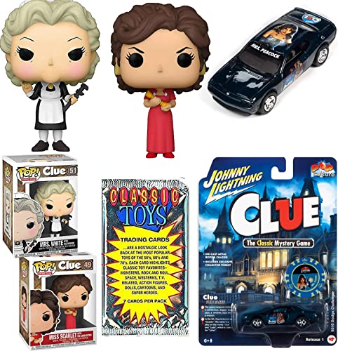 Cluedo Who Clue Figure Pop! Miss Scarlet Candlestick Game Character Bundled with Mrs. Peacock Lightning Dodge Car & Chip + Mrs. White Wrench + Retro Toys Trading Cards Fun Pack 4 Items