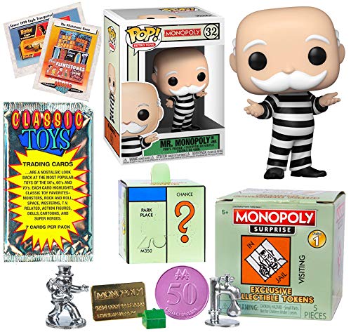Doubles Pop! Mr. Monopoly Figure Exclusive Icon Bundled with Classic Retro Game Token Multi-Surprise Peel 'N Reveal Box + in Jail + Vintage Toy Trading Cards Pack 3 Items