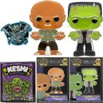 Creepy Classics Horror Universal Monsters Figure Bundled with Horror Frankenstein Character + Pop! Wolfman Pin Silver Screen + Keshi Mini Fig Foil Sticker & Dracula Vampire Decal 4-Items