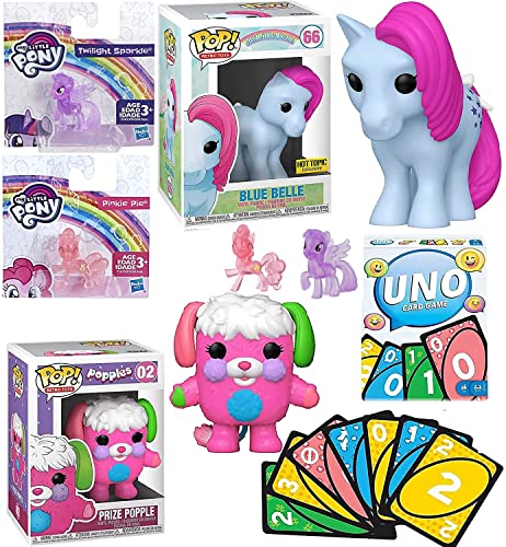 Star Play Figure Retro Toys Character Bundled with Prize Popples + My Little Pony Blue Belle Exclusive + Mini Twilight Sparkle & Pinkie Pie + Compatible/ Replacement for Uno Game Pack 5 Items