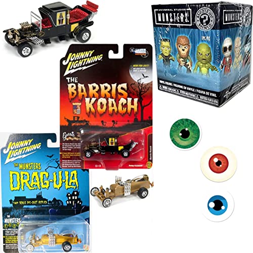 Fright Monster Pack Classic Universal Mystery Minis Horror Movie Figure Box Bundle Vinyl Characters + Silver Screen Munsters Koach Car + Drag-U-La Racer + Creepy Eyeball Sticker 4 Items