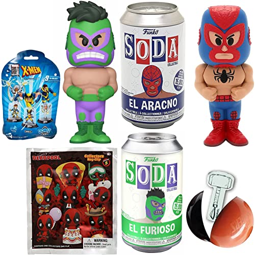 Battle in The Ring Marvel Lucha Libre Figure Bundled with El Aracno Soda Tin + Deadpool Blind Bag Hanger & Spider-Man VS Hulk Furious Wrestling + X-Men + Ball Capsule Heroes 5 Items