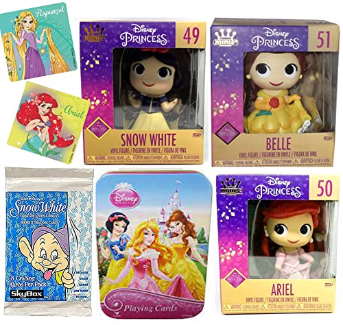 Pretty Minis Figure Disney Belle & Ariel Little Mermaid Bundled with Tin Princess Deck + Snow White & Seven Dwarves Trading Cards Pack + Girls Sticker 5 Items