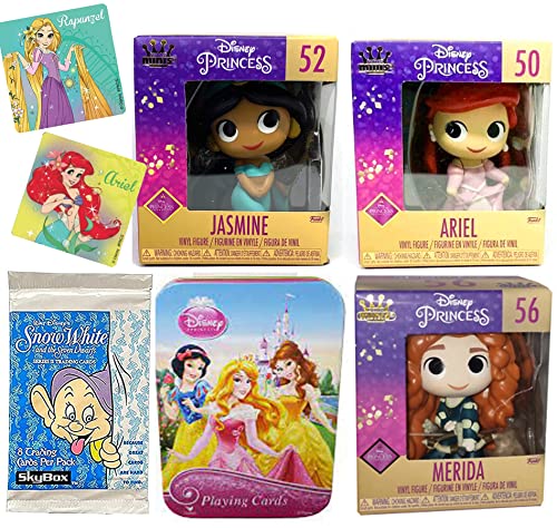 Brave Pretty Minis Figure Disney Merida & Ariel Little Mermaid Bundled with Jasmine from Aladdin + Tin Princess Deck + Snow White & Seven Dwarves Trading Cards Pack + Girls Sticker 5 Items