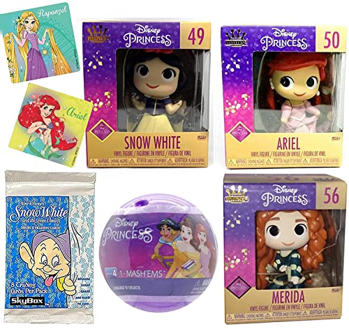 Snow Pretty Minis Figure Disney Merida Brave & Ariel Little Mermaid Bundled with Soft Princess Capsule Character + White & Seven Dwarves Trading Cards Pack + Girls Sticker 5 Items