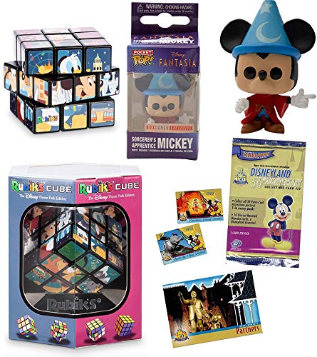 Magic Mickey Pocket Pop! Mini Figure Sorcerer Exclusive Bundled with Compatible with Rubik's Cube Park Puzzle + Disneyland Anniversary Trading Collector Cards Theme Pack 3 Items