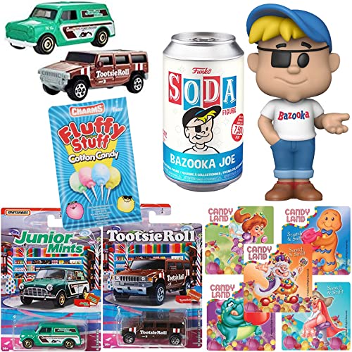 Joe Bazooka Sweet Figure Cars Soda pop Gum Culture Tin Can Bundled with Candyland Stickers + Fluffy Stuff Journal + Tootsie Roll Junior Mints Mini Collectibles 5 Items