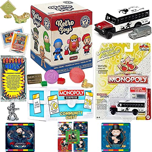 Throw Toy Back Retro Mystery Minis Bundled with + Vintage Toy Trading Cards Pack + J Lightning Pop Culture Game Board Jail Bus + Monopoly Token Multi-Surprise Peel 'N Reveal Box + Stickers 4 Items